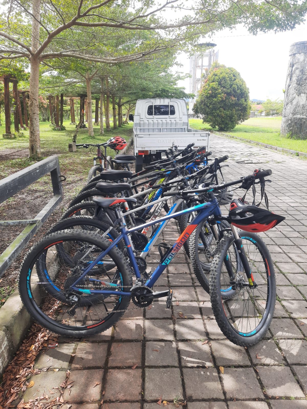 The bikes and support vehicle ready at the meet-up point